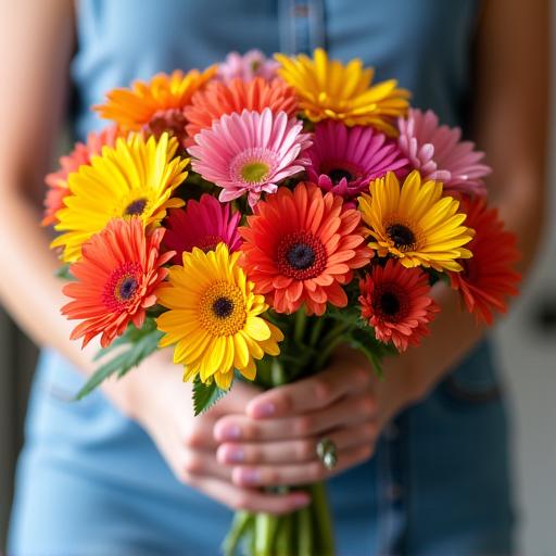 A person holding a vibrant, custom-made bouquet of flowers.