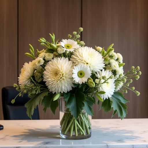 An elegant floral arrangement on a modern corporate reception desk.