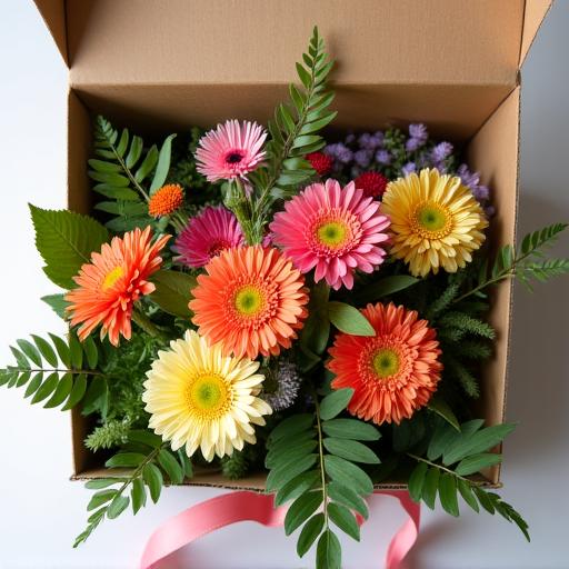 A subscription box open with fresh, unarranged flowers ready for a vase.