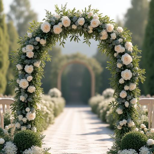 A beautiful wedding arch decorated with white roses and eucalyptus.